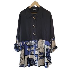 VTG D.E Frantoria Women's Blue Motif Minimalist Button-Up Top Sz 1X Lagenlook
